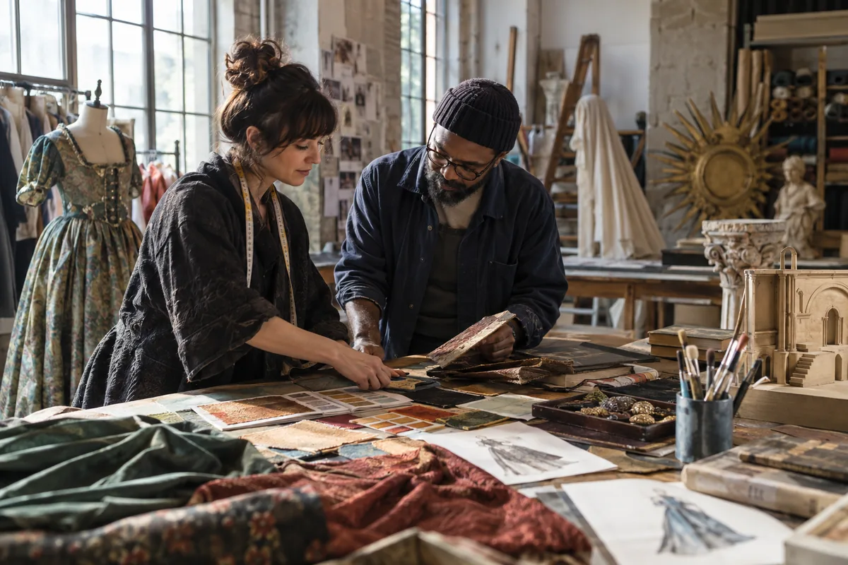 Costumière et décorateur coordonnant des matières dans un atelier de cinéma