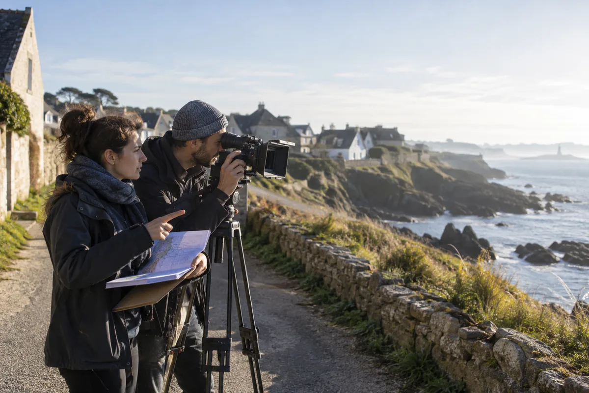 Repéreuse et directeur de la photographie étudiant un décor sur le littoral français