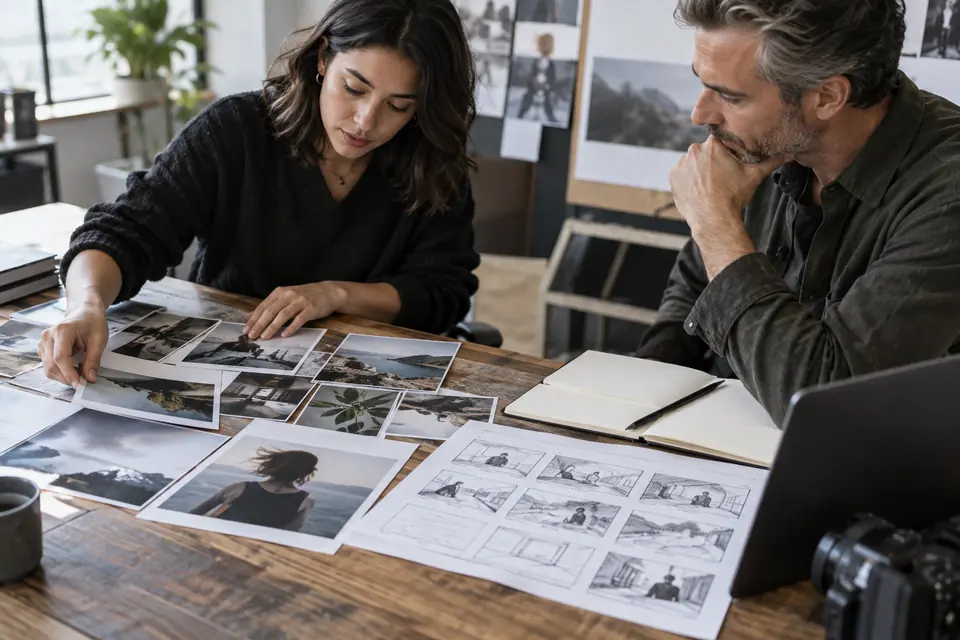Producteur et commanditaire organisant des références visuelles sur une table