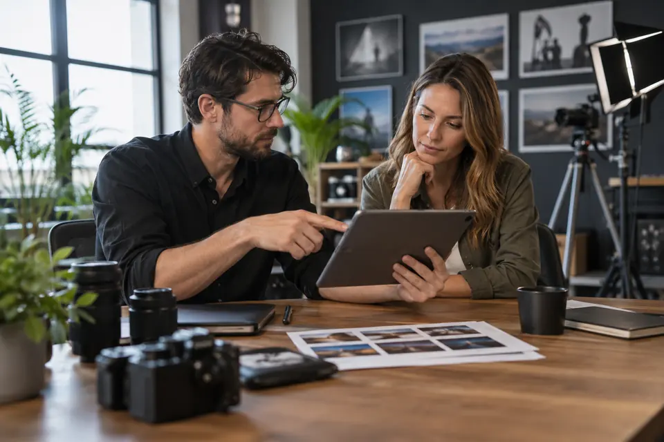 Professionnels discutant d’un portfolio vidéo en réunion