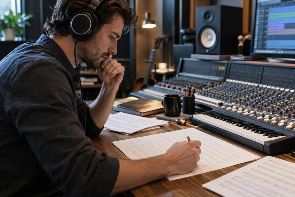 Producteur musical travaillant au studio avec une partition et un casque