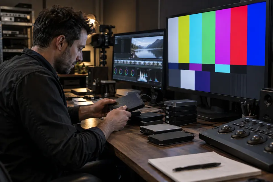 Technicien de postproduction contrôlant les supports de livraison vidéo