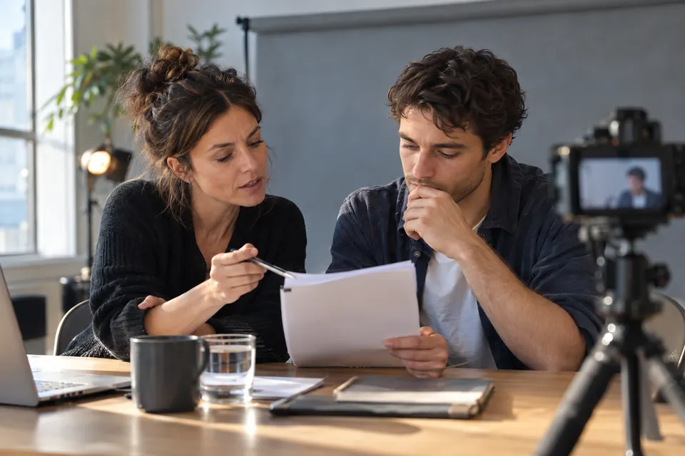 Directrice de casting échangeant avec un comédien avant un essai filmé