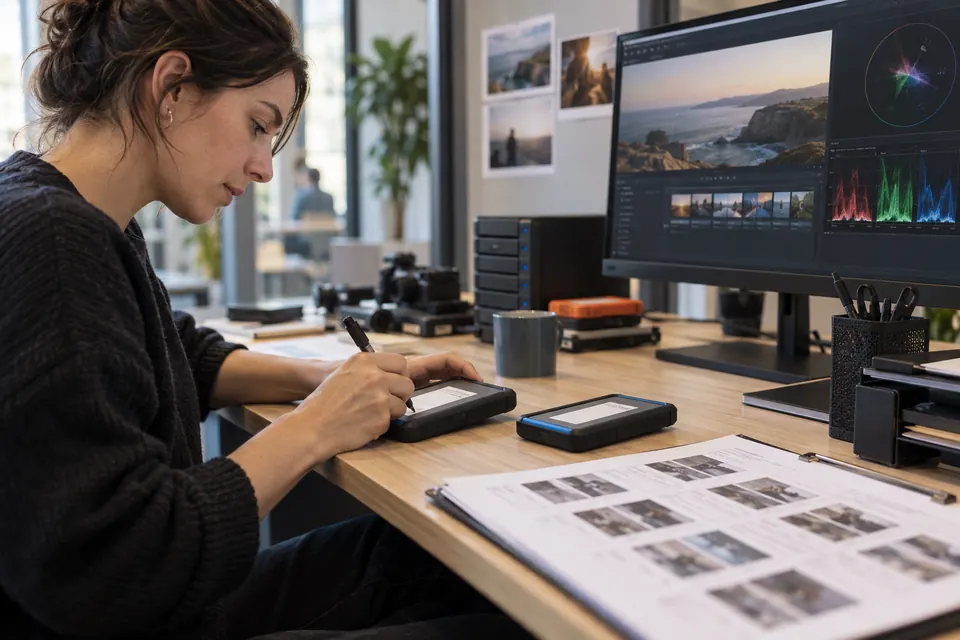 Technicienne identifiant des médias avant le montage et les finitions vidéo
