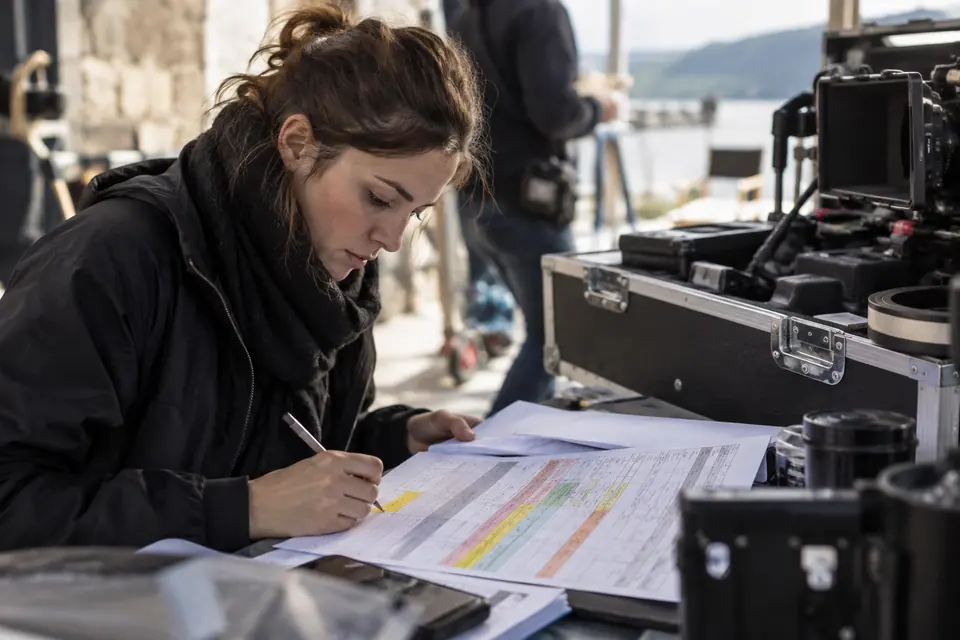 Assistante de réalisation annotant un plan de travail près du matériel de tournage