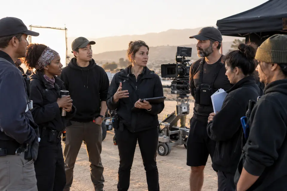 Équipe de tournage réunie pour un briefing avant la journée