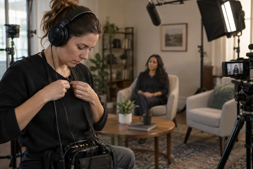 Ingénieure du son réglant un microphone avant une interview