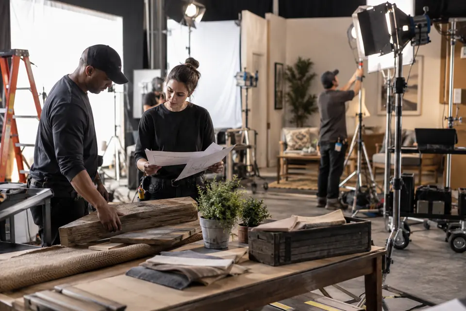 Équipe préparant le réemploi de matériaux et les éclairages d’un tournage