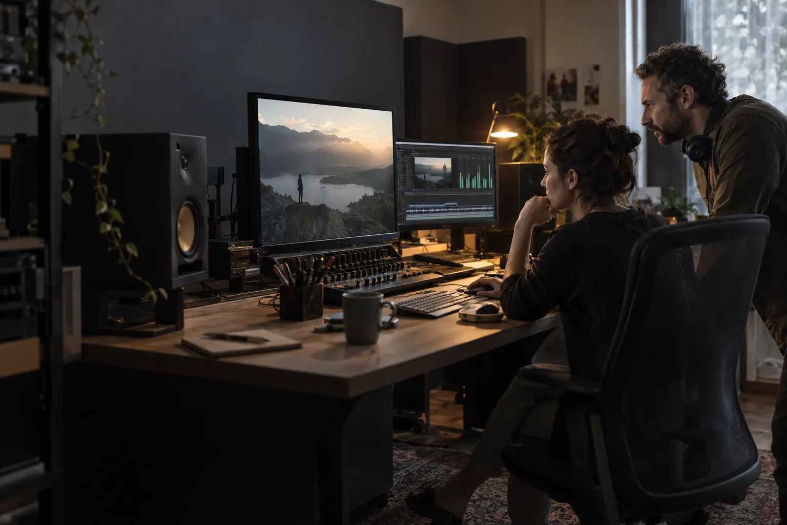 Technicienne de postproduction et ingénieur du son contrôlant une vidéo dans une salle de montage illustrative