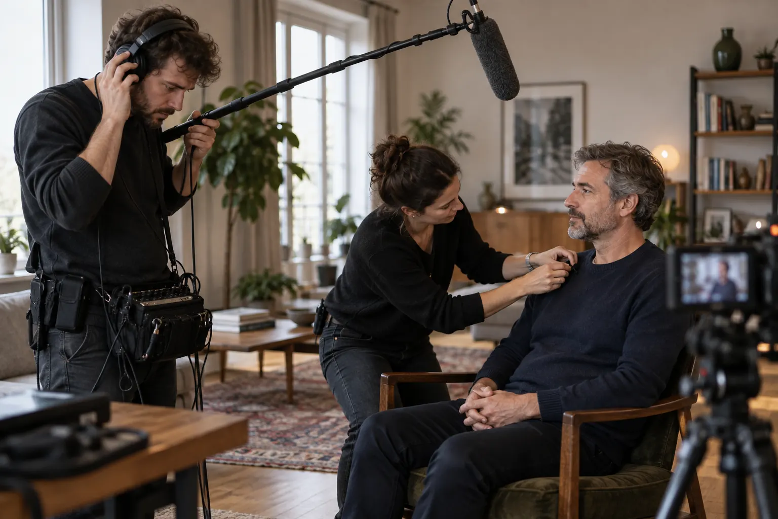 Ingénieure du son préparant un microphone dans une scène illustrative d’interview