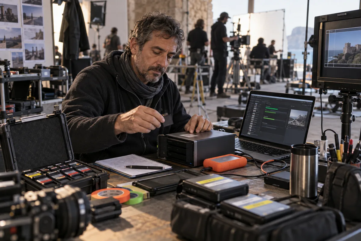 Technicien contrôlant des supports de sauvegarde dans un environnement audiovisuel illustratif