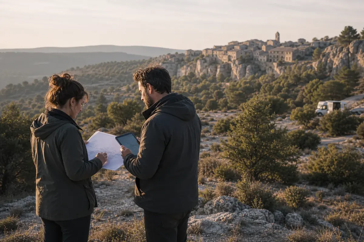 Responsables de repérage étudiant un décor rocheux et un village d’Occitanie