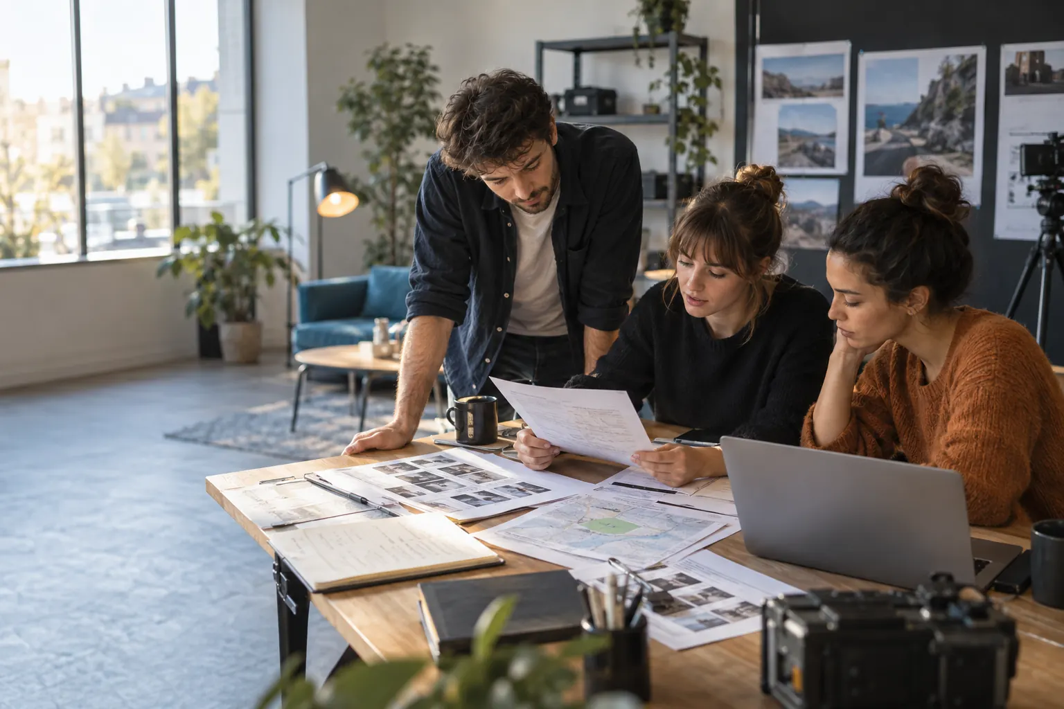 Équipe de production consultant plans et documents avant un tournage