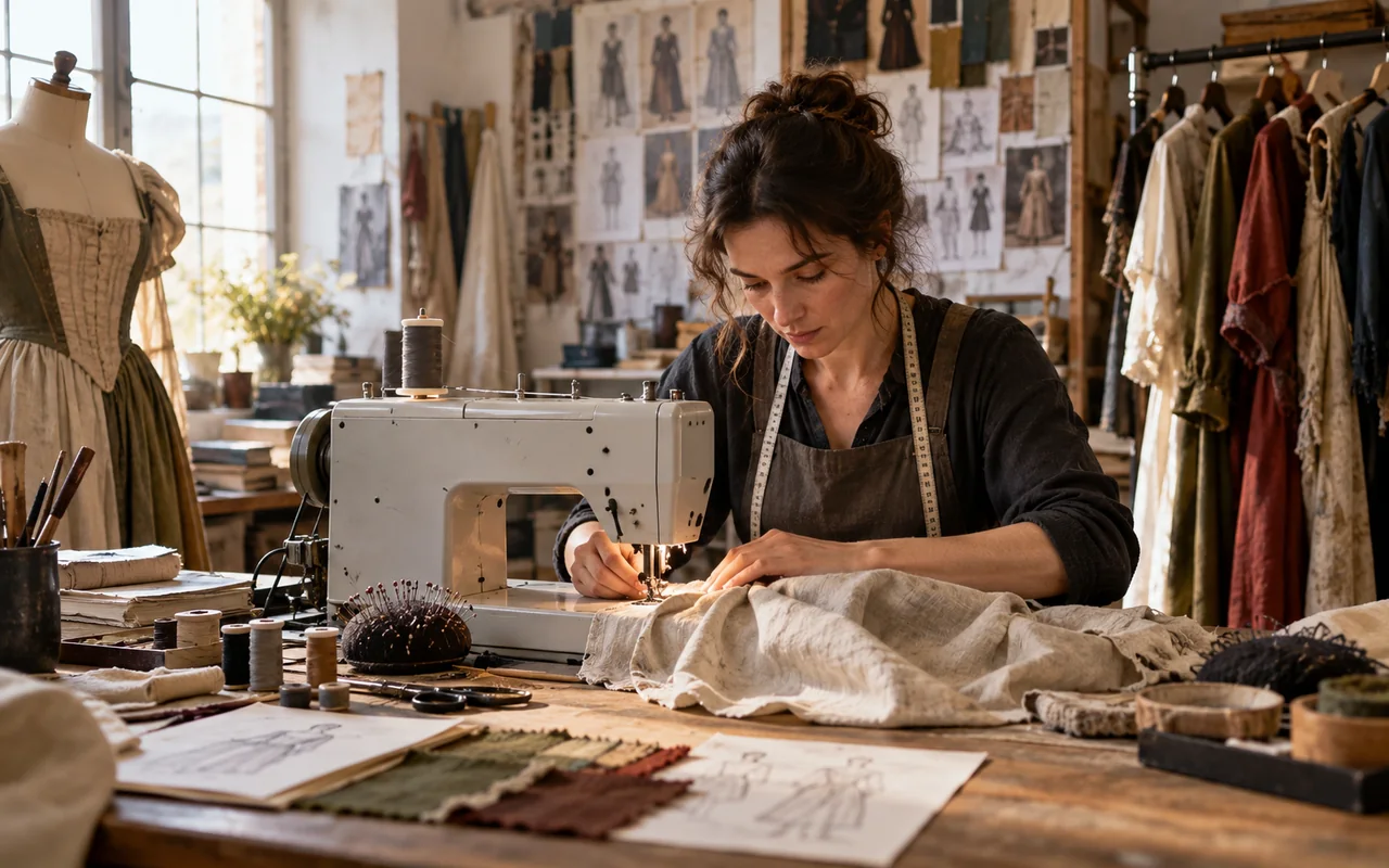 Couturière travaillant une matière dans son atelier