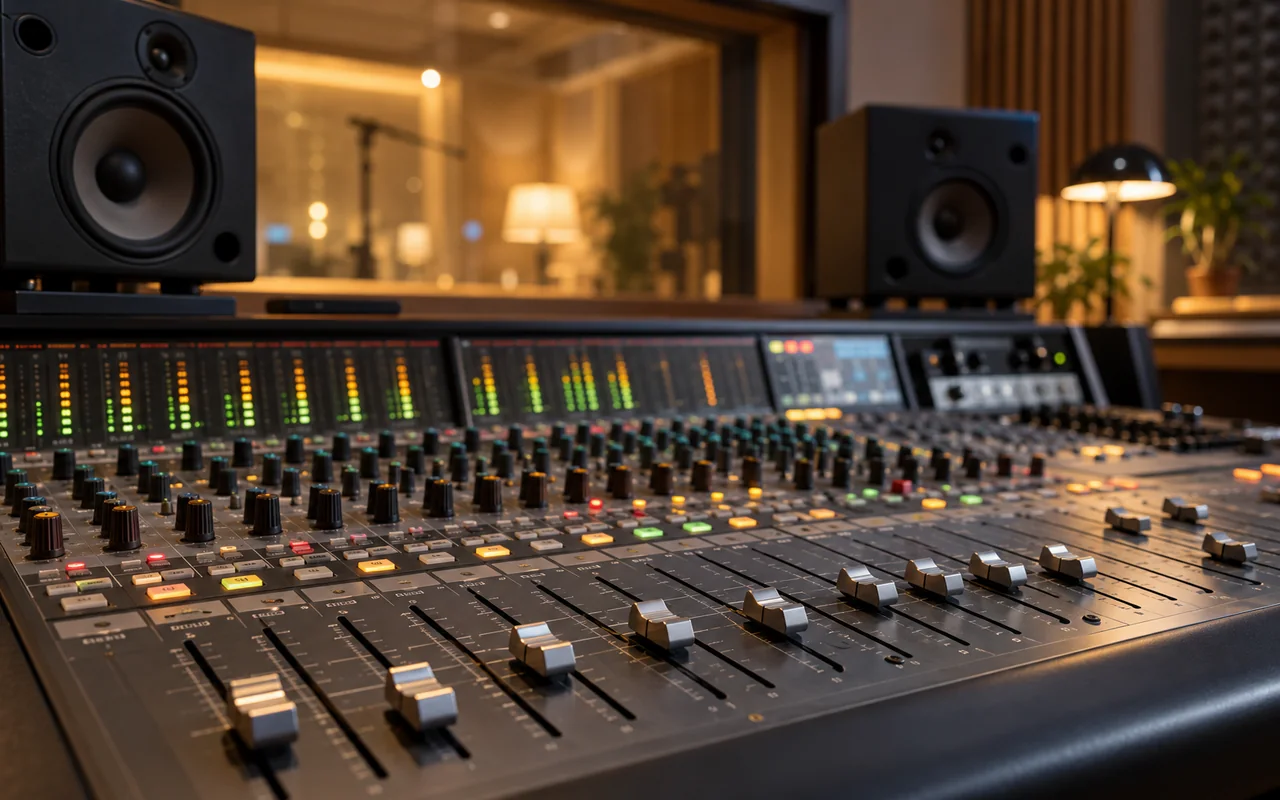 Commandes et potentiomètres d’une console de mixage audio