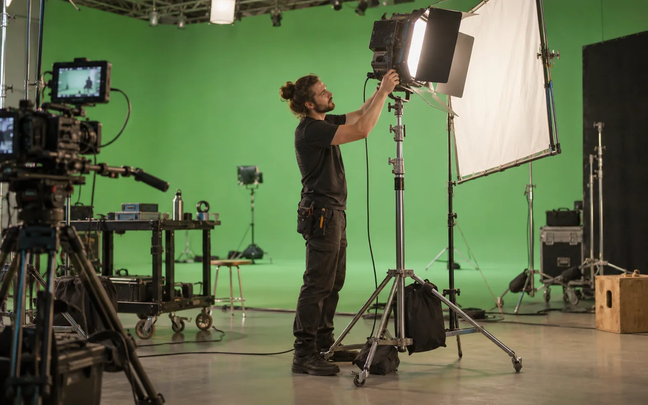 Technicien réglant un éclairage dans un studio sur fond vert