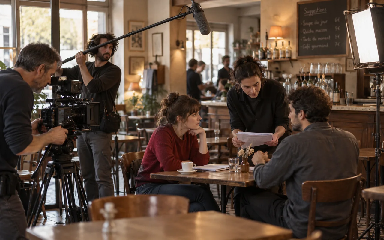 Équipe et comédiens préparant une scène dans un café