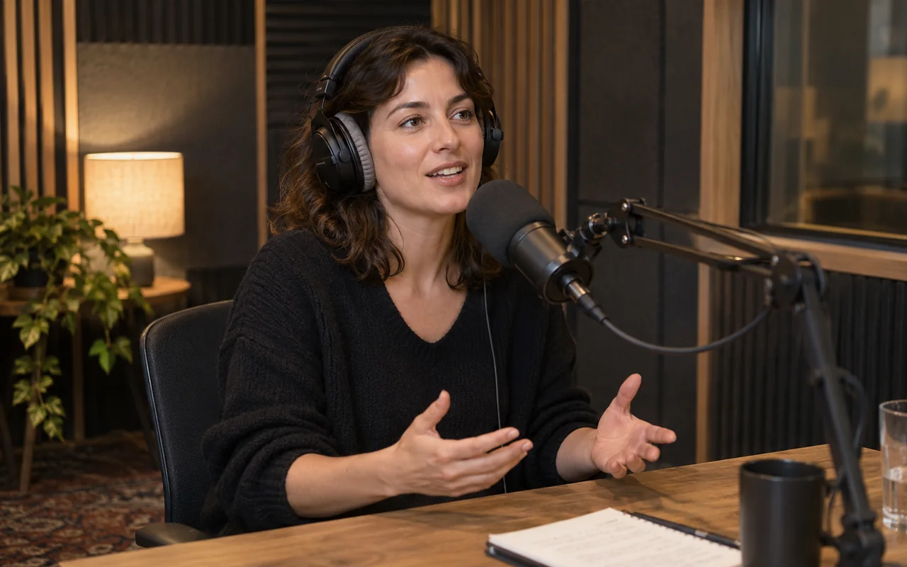 Intervenante devant un microphone dans un studio de podcast