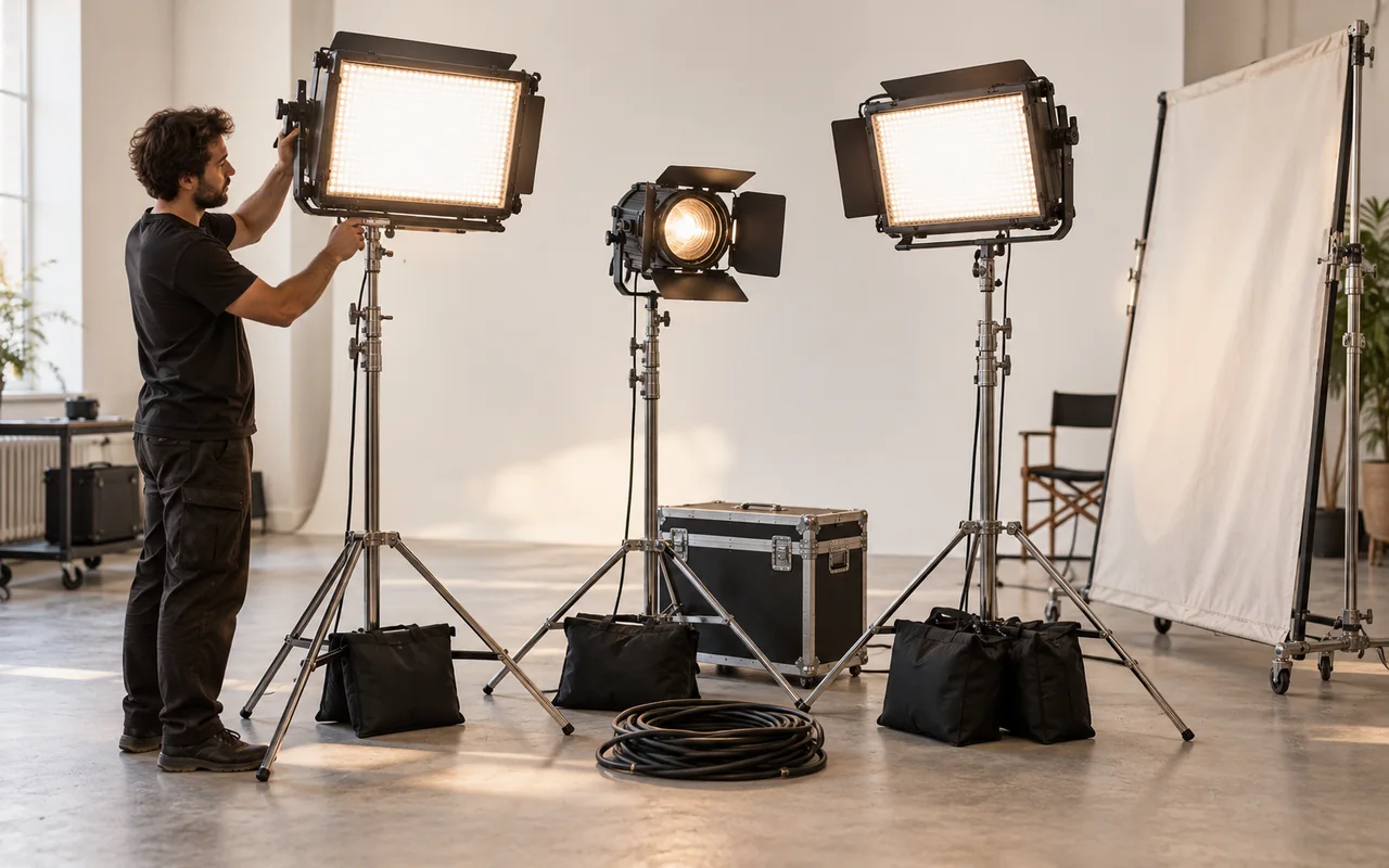 Projecteurs et accessoires d’éclairage photographiés sur fond blanc