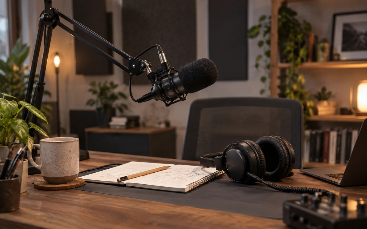 Microphone et prise de notes sur une table de préparation de podcast