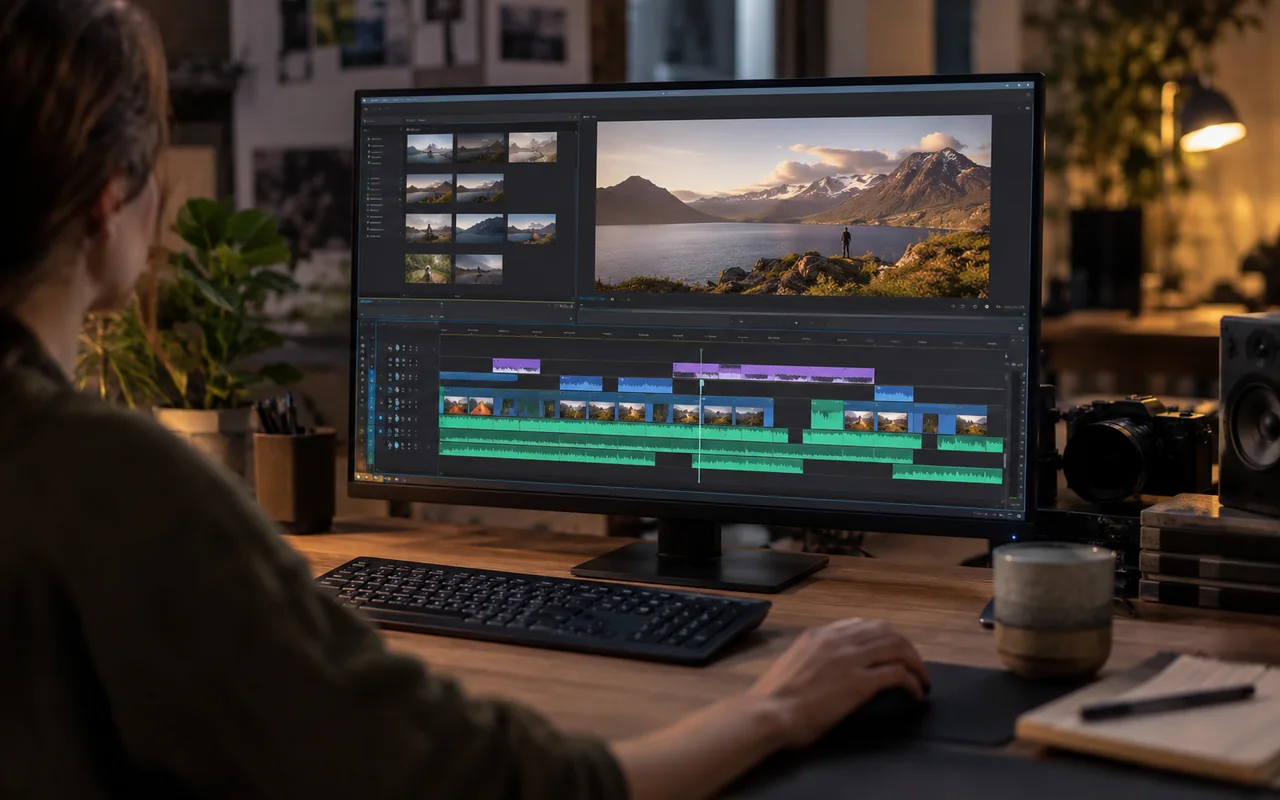 Pistes et plans d’un montage vidéo affichés sur un écran